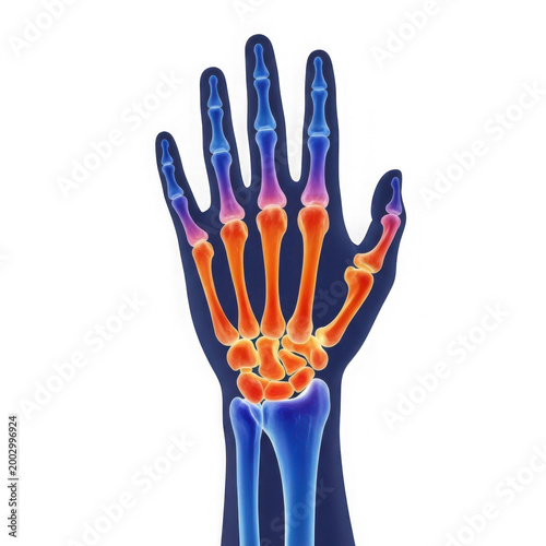 Human hand skeletal system x-ray view with highlighted bones on transparent background.