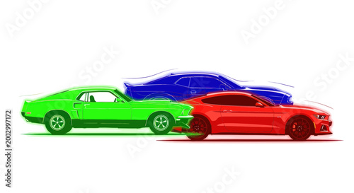 Canvas Print Classic vs Modern Sports Cars: Green, Blue, Red - Side Profile Illustration