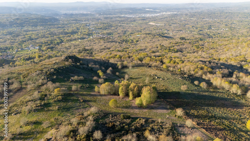 Aerial view of galicia rural landscape during spring