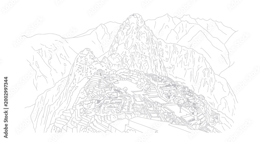 Naklejka premium Machu Picchu outline drawing - Ancient Inca citadel in the Andes mountains, Peru