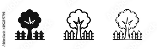 Backyard Garden with Tree and Picket Fence Icons Set