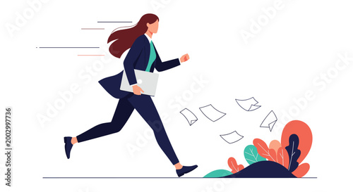 Determined businesswoman running quickly while carrying a laptop as documents fly behind her in a busy work life concept.