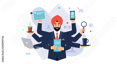 Successful businessman with multiple arms multitasking by handling various tasks like coffee, laptop, and phone at the same time.