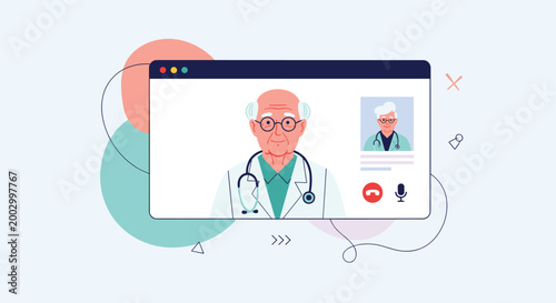 Elderly male doctor conducting a virtual medical consultation through a video call on a computer screen for telemedicine services.