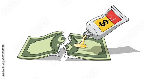 Tube of dollar-themed adhesive being used to glue together a torn green banknote representing financial recovery and repair.