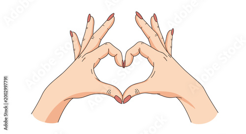 Pair of hands with red manicured nails coming together to form a heart shape symbol against a plain white background.