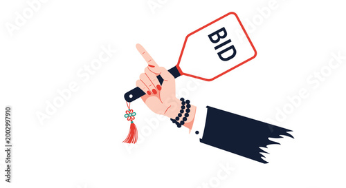 Person holding a white bid paddle with black text at an auction while wearing a suit sleeve and jewelry in a close-up illustration.