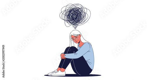 Young girl sits on the ground and hugs her knees with a dark scribble cloud above her head representing stress, anxiety, or depression.