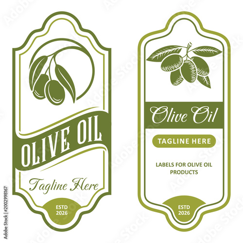 elegant olive oil label templates with hand-drawn olive branch illustrations, vintage badges for premium organic product packaging.
