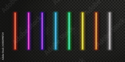 Neon LED tube lines with vibrant rainbow colors glow and beam strips on dark background. Fluorescent bar lamps create stunning electric effects for casino signs and cyber party vector frames.