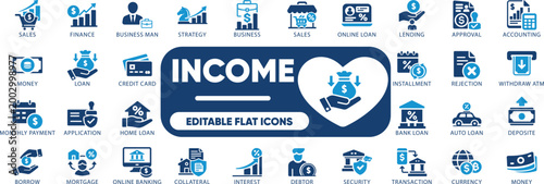 income icon set. profit, revenue, earnings, salary, investment, finance, tax, editable, illustration, icon, and solid icons.