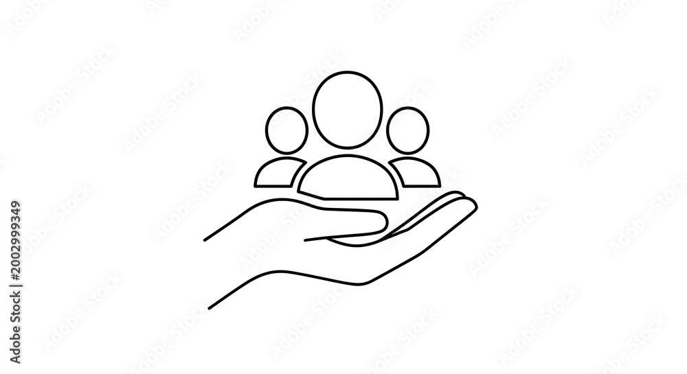 Fototapeta premium Support, care, and protection concept, people or customers in hand, simple line illustration