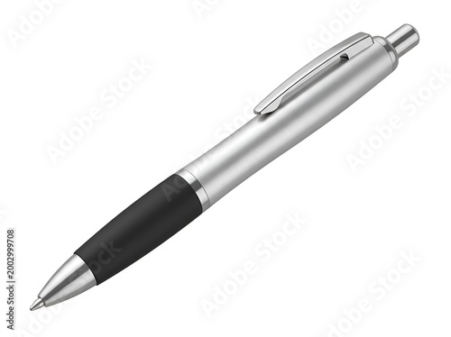 Silver ballpoint pen with black grip  writing instrument writing tool isolated background