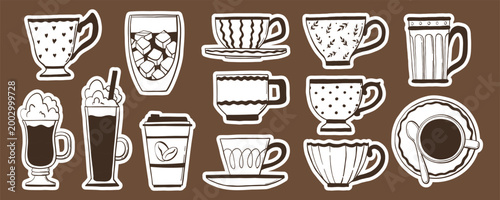 Outline doodle hand drawn coffee and tea cups stickers. Vintage graphic glass, ceramic porcelain mug set. Line art trendy kitchen vector illustration. Isolated on a white background