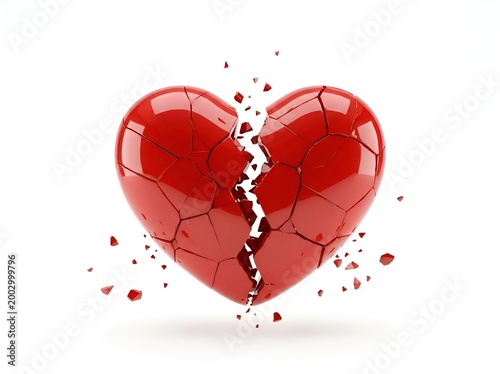 Shattered red heart symbolizing heartbreak or broken love  on  isolated background