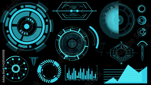 futuristic user interface elements pack glowing teal geometric shapes on black background high quality professional detailed modern elegant