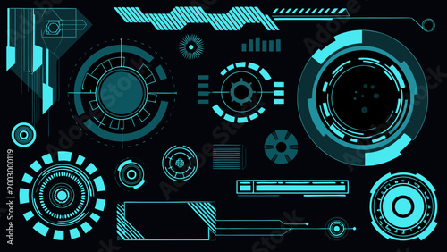 futuristic user interface elements pack glowing teal and blue digital design on black background high quality professional detailed