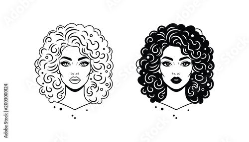 Stylish young woman with voluminous curly hair vector illustration set featuring outline and silhouette versions for beauty and hair salon branding