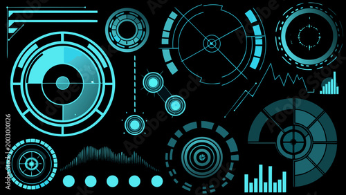futuristic interface elements pack a collection of glowing teal circular and linear designs on black high quality professional