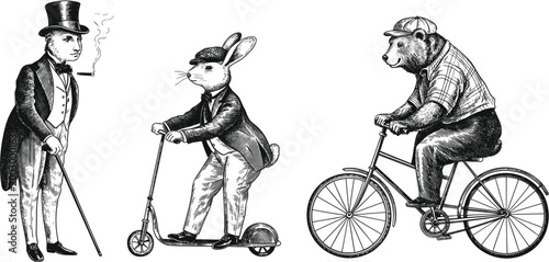 Vintage anthropomorphic animals illustration set, gentleman dog rabbit scooter bear bicycle engraving style characters