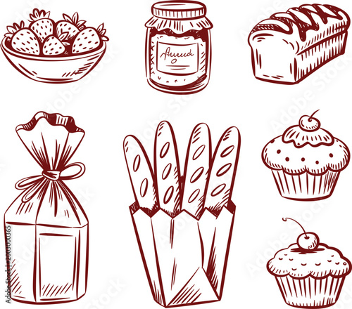 Hand drawn bakery food set, bread jam strawberries baguette cupcakes vintage engraving style illustration