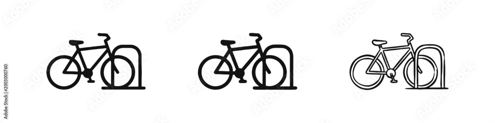 Obraz premium Bicycle parked in a rack icons set, urban cycling and transport symbols