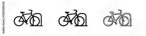 Bicycle parked in a rack icons set, urban cycling and transport symbols