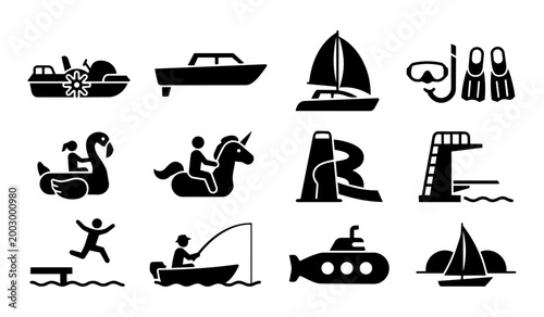 Beach and Water Leisure Silhouette Icon Set – Pedal Boat Sailing Fishing Aqua Park Holiday Collection