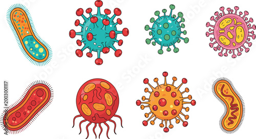Cartoon Bacteria and Virus Vector Set Featuring Colorful Microorganisms Germ Cells and Pathogen Icons for Medical Science Biology Healthcare and Education Design Projects.