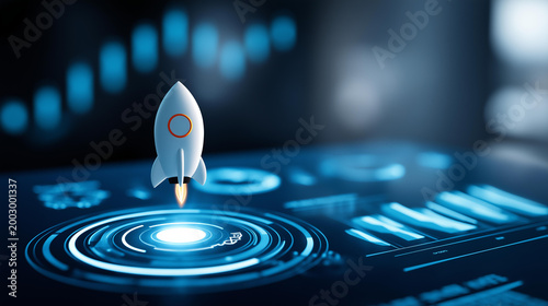 Close-up of startup concept icons — rocket, lightbulb, gear, graph — glowing on a dark blue virtual interface, digital startup ecosystem concept, entrepreneurship symbol set, with copy space