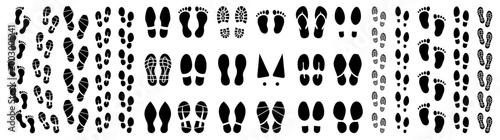 Footprints human big icon set. Foot imprint, footsteps icon collection. Human footprints silhouette. Male and female tracks. Barefoot, sneaker and shoes footstep icons. Vector illustration