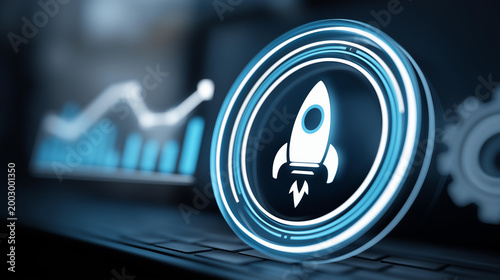 Close-up of startup concept icons — rocket, lightbulb, gear, graph — glowing on a dark blue virtual interface, digital startup ecosystem concept, entrepreneurship symbol set, with copy space