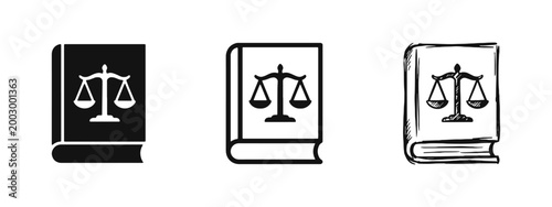 Law Book and Scales of Justice Icons in Glyph Outline and Hand Drawn Styles
