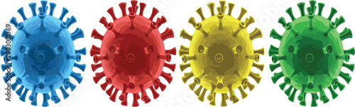 Colorful Virus Cells Vector Illustration Featuring 3D Style Pathogen Microorganisms in Blue Red Yellow and Green for Medical Science Healthcare and Biology Design Projects.