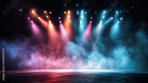 Performance stage set with dramatic lighting, vibrant spotlights, smoke effects, and haze creating an exciting event environment