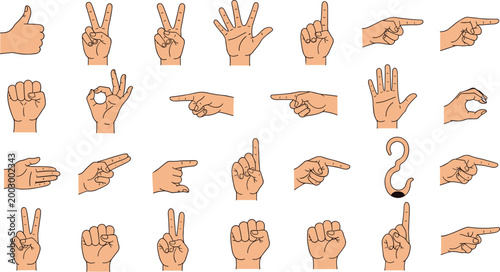 Hand Gesture Vector Set Featuring Various Finger Signs Including Thumbs Up Peace Pointing Counting and Communication Symbols for Expression Design Projects.