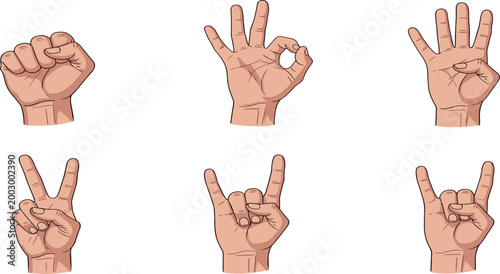 Realistic Hand Gesture Vector Set Featuring Fist OK Sign Peace Victory and Rock Symbol for Communication Expression and Human Body Language Design Projects.