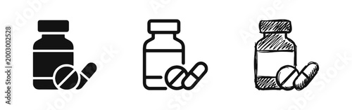 Medicine Bottle and Pills Icon Set - Healthcare, Pharmacy, and Treatment Symbols