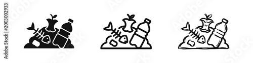 Waste and Pollution Icon Set - Garbage Pile with Plastic Bottle and Scraps