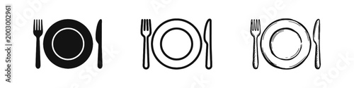 Dining and Restaurant Icon Set - Fork Plate and Knife Place Setting