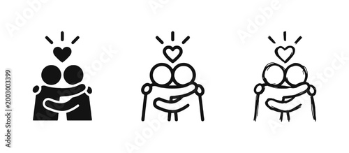 Hugging People and Love Friendship Icons Set - Two Figures with Heart Symbol