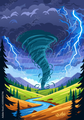Dramatic Vector Illustration of a Powerful Tornado Twisting in a Stormy Sky Over a Scenic Landscape with Lightning and Rain
