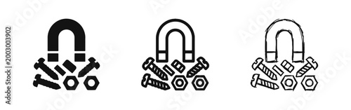 Magnet and Metal Hardware Icons Set - Horseshoe Magnet Attracting Screws Symbol