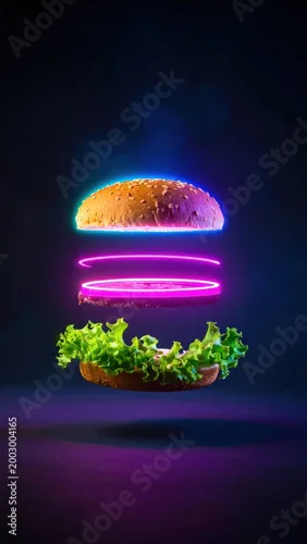 Obraz A futuristic burger, neon-lit and levitating against a dark background, vibrant food art