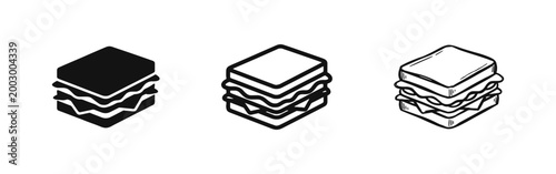 Sandwich Icon Set, Triple Layer Toast with Lettuce and Meat, Fast Food Snack Symbols