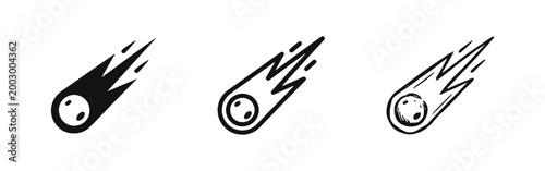 Meteor Icon Set, Falling Comet or Asteroid with Flame Trail, Space Astronomy Symbols