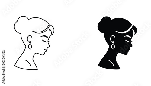 Elegant profile view of a woman with an updo hairstyle and dangling earrings in minimalist line art and solid black silhouette styles for beauty salon and fashion branding design assets