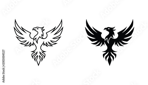 Majestic phoenix bird rising with spread wings in minimalist black and white line art and solid black silhouette styles for branding and fantasy logo design projects isolated on white