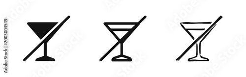 No Alcohol Icon Set, Prohibited Cocktail Glass Sign, Drink Free Zone and Health Symbols