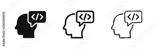 Developer Icon Set, Programmer Head with Code Speech Bubble, Software Engineering Symbols